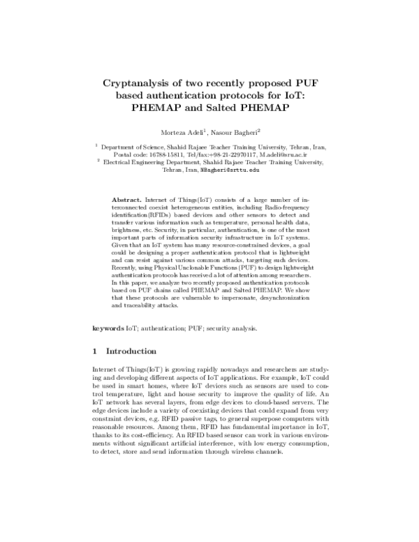 (PDF) Cryptanalysis of two recently proposed PUF based authentication ...