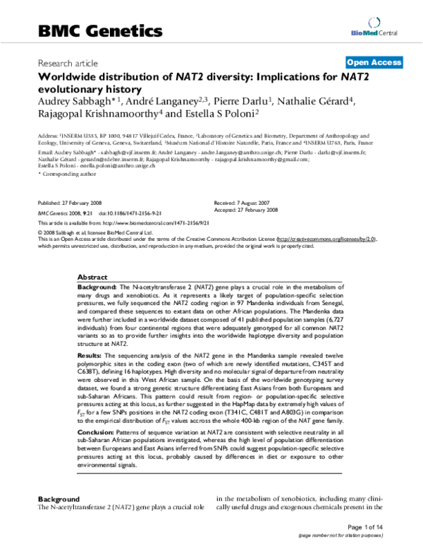 (PDF) Worldwide distribution of NAT2 diversity: Implications for NAT2 ...