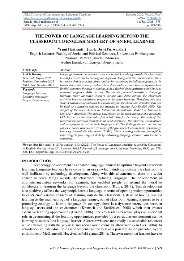 (PDF) The Power of Language Learning Beyond the Classroom to English ...