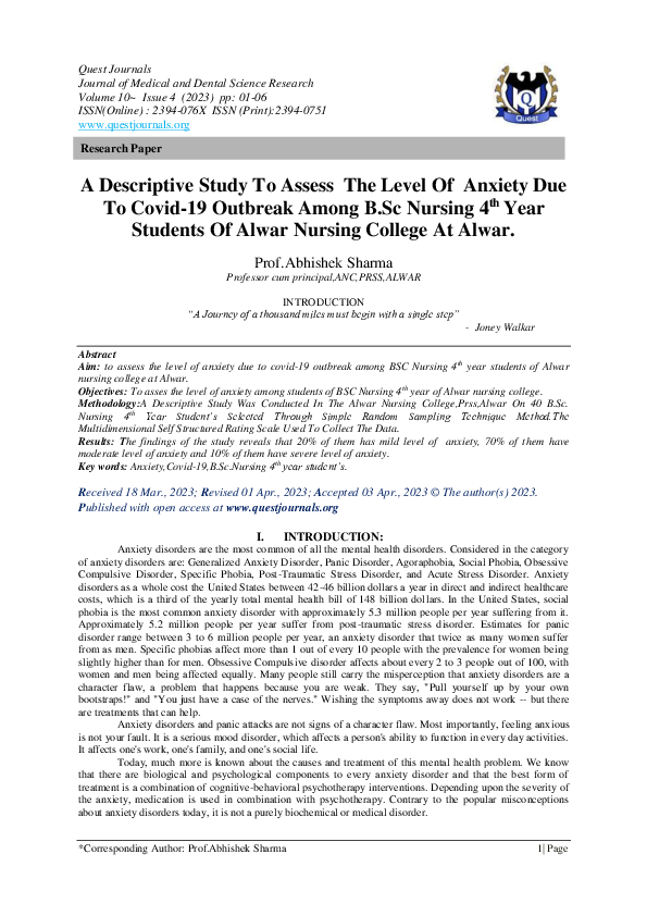 (PDF) A Descriptive Study To Assess The Level Of Anxiety Due To Covid ...