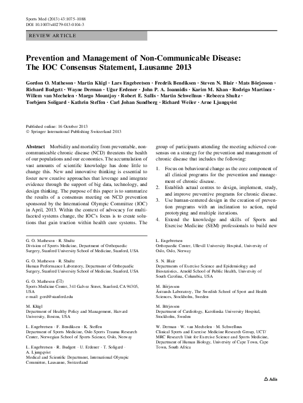 (PDF) Prevention and management of non-communicable disease: the IOC ...