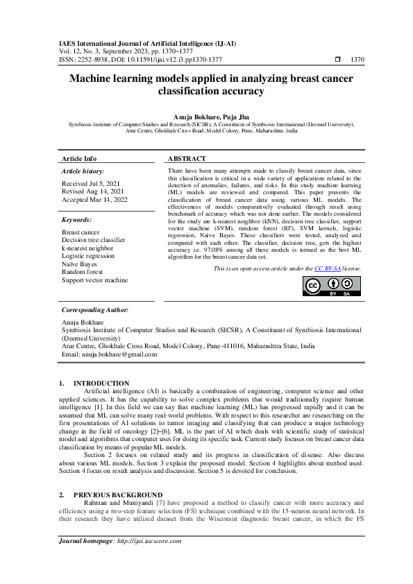 (PDF) Machine learning models applied in analyzing breast cancer ...