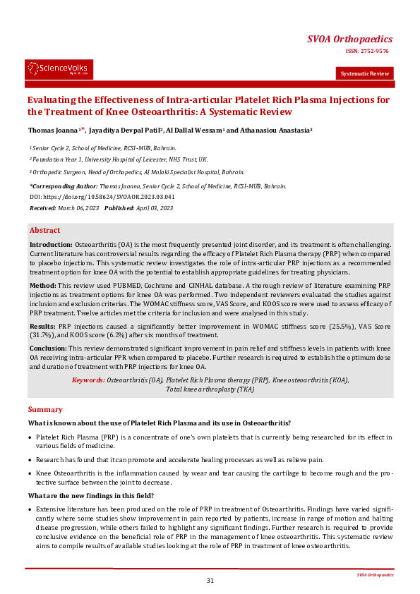 (PDF) Evaluating the Effectiveness of Intra-articular Platelet Rich ...