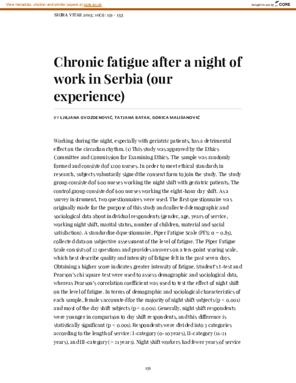 (PDF) Chronic fatigue after a night of work in Serbia (our experience)