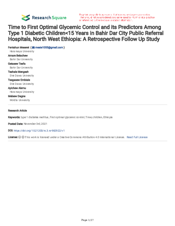 (PDF) Time to First Optimal Glycemic Control and its Predictors Among ...