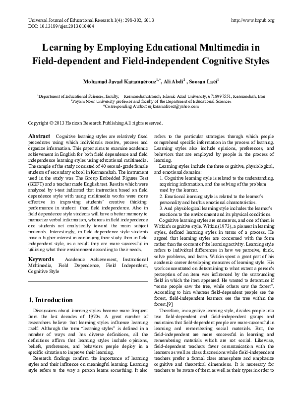 (PDF) Learning by Employing Educational Multimedia in Field-dependent ...