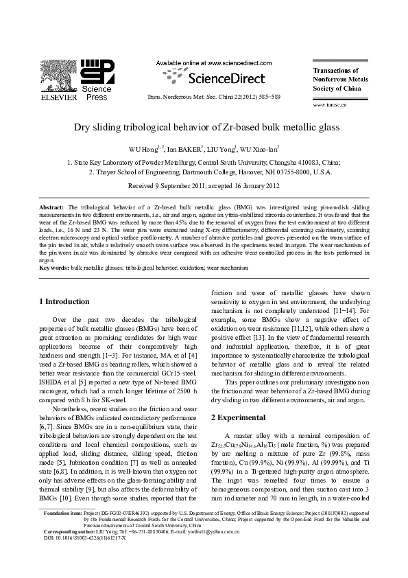 (PDF) Dry sliding tribological behavior of Zr-based bulk metallic glass