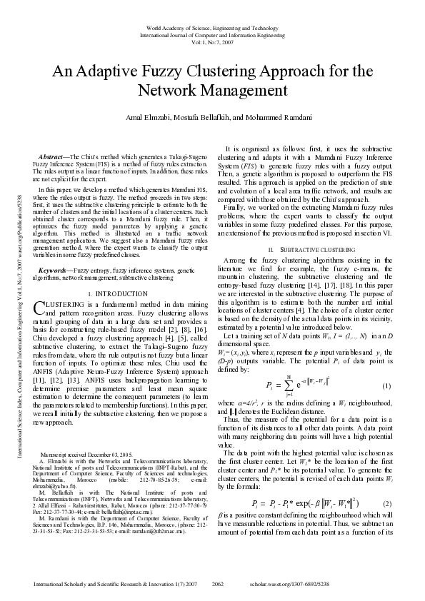 (PDF) An Adaptive Fuzzy Clustering Approach For The Network Management