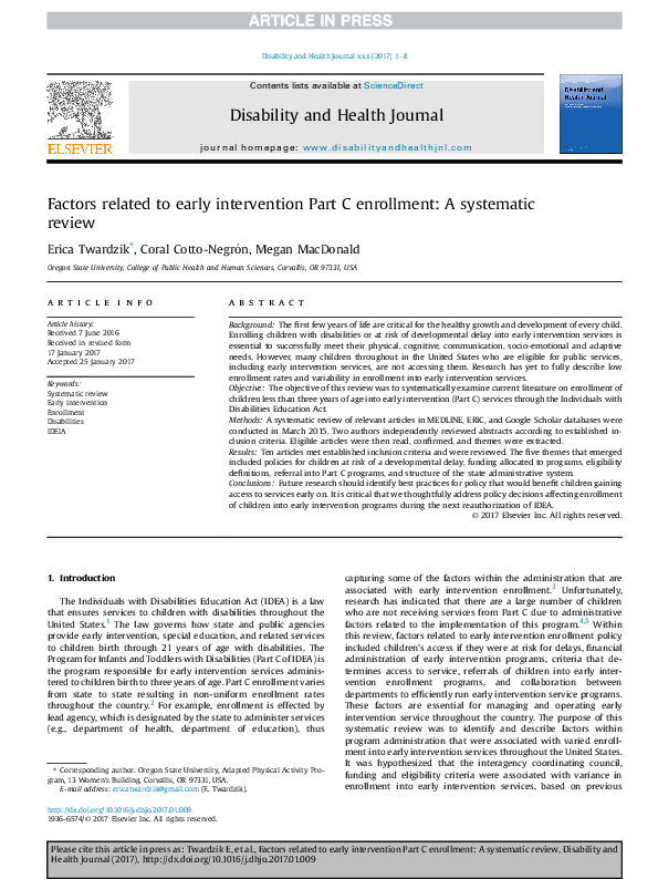  pdf factors related to early intervention part c enrollment a