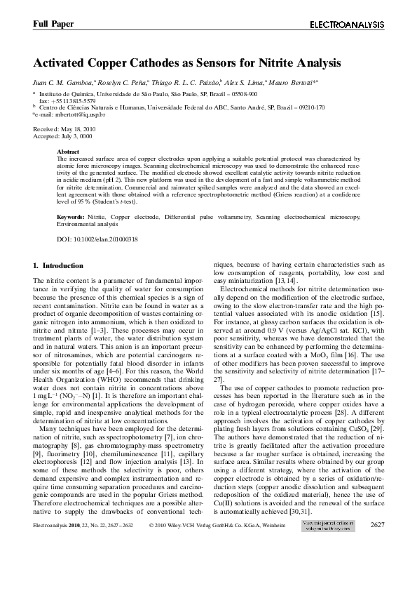 (PDF) Activated Copper Cathodes as Sensors for Nitrite Analysis