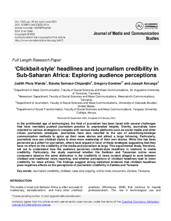 (PDF) Clickbait-style headlines and journalism credibility in Sub ...