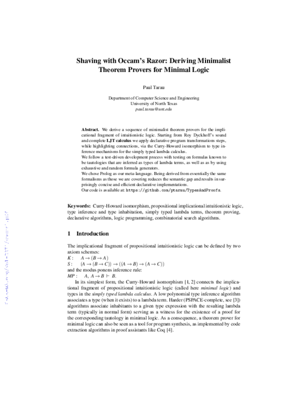 (PDF) Shaving with Occam's Razor Deriving Minimalist Theorem Provers
