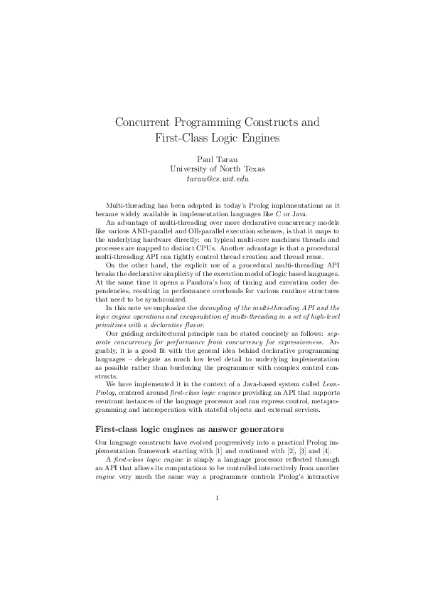 (PDF) Concurrent Programming Constructs and First-Class Logic Engines