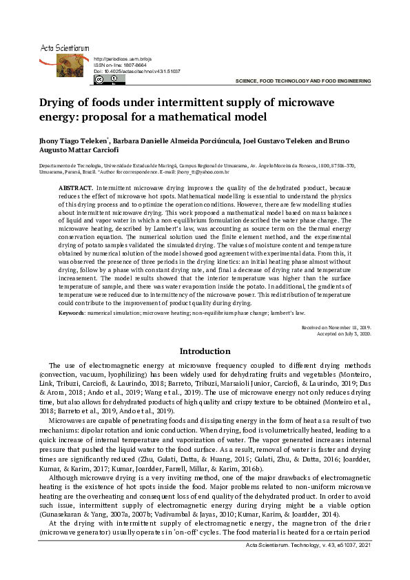 (PDF) Drying of foods under intermittent supply of microwave energy ...