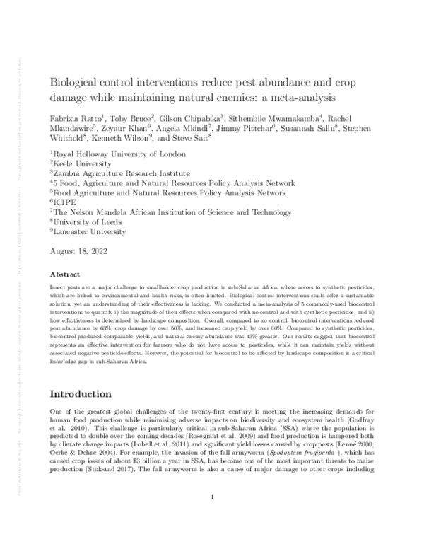 (PDF) Biological control interventions reduce pest abundance and crop ...