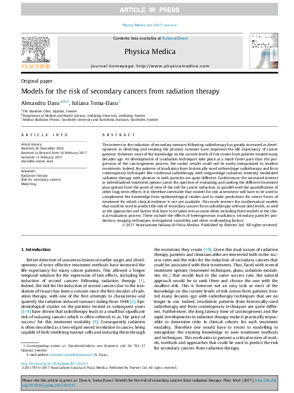(PDF) Models for the risk of secondary cancers from radiation therapy