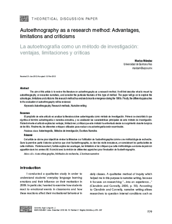 (PDF) Autoethnography as a research method Advantages, limitations and