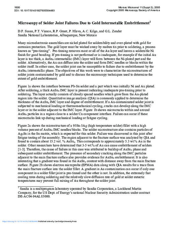 (PDF) Microscopy of Solder Joint Failures Due to Gold Intermetallic