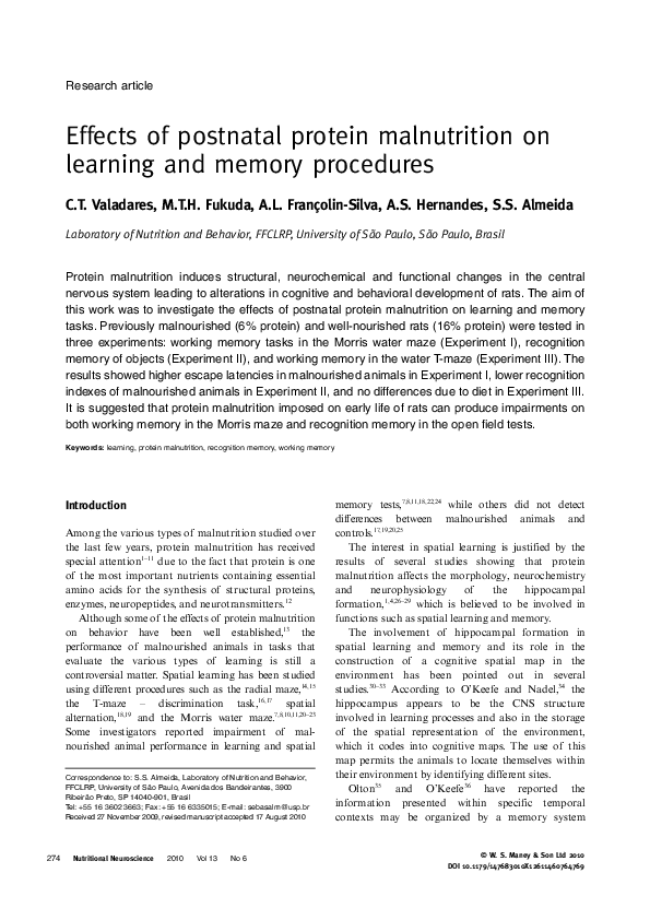 (PDF) Effects of postnatal protein malnutrition on learning and memory ...