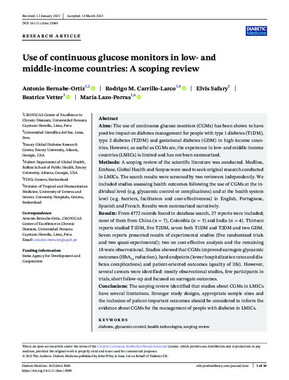 (PDF) Use of Continuous Glucose Monitors in low‐ and middle‐income ...