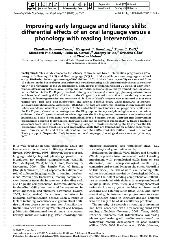 (PDF) Improving early language and literacy skills: differential ...