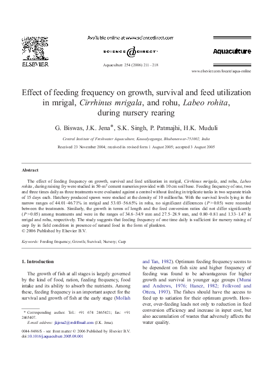(PDF) Effect of feeding frequency on growth, survival and feed ...
