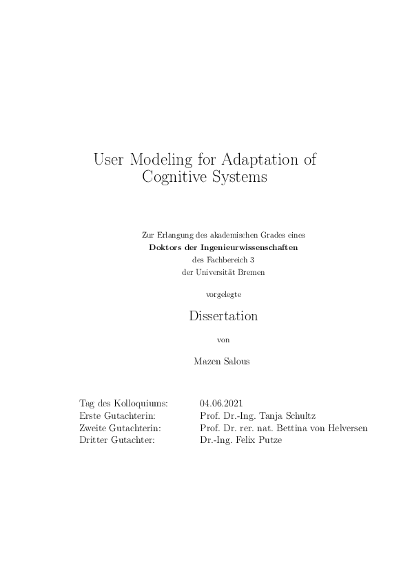 (PDF) User modeling for adaptation of cognitive systems
