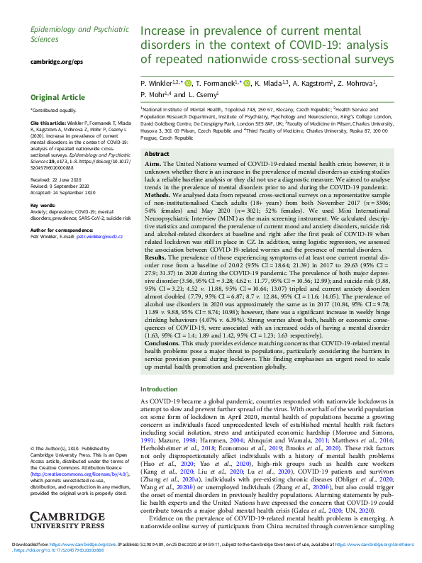 (PDF) Increase in prevalence of current mental disorders in the context ...