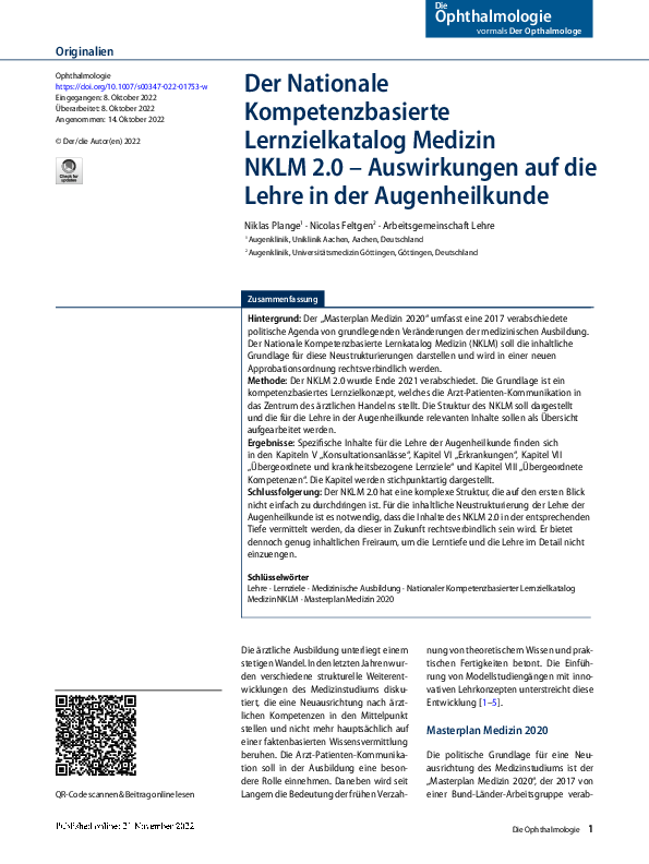 (PDF) Der Nationale Kompetenzbasierte Lernzielkatalog Medizin NKLM 2.0 ...