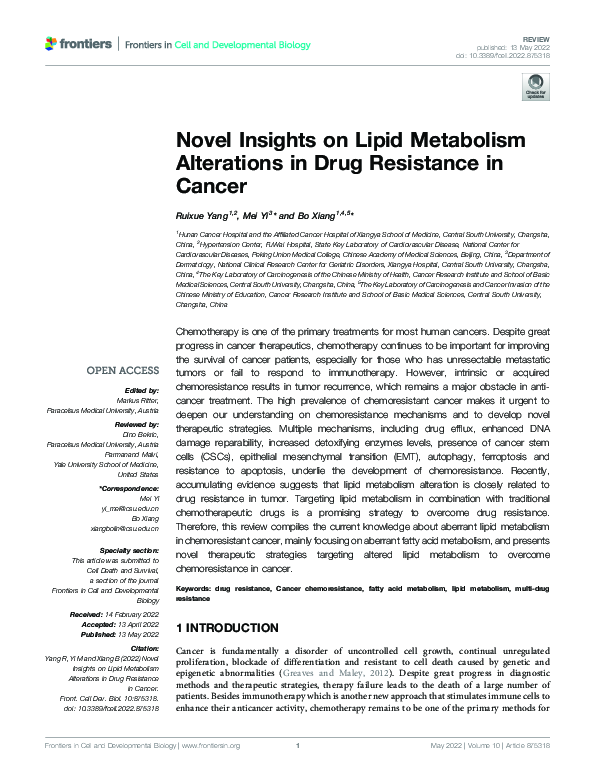 (PDF) Novel Insights on Lipid Metabolism Alterations in Drug Resistance ...