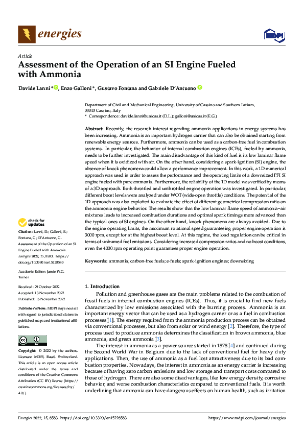 (PDF) Assessment of the Operation of an SI Engine Fueled with Ammonia