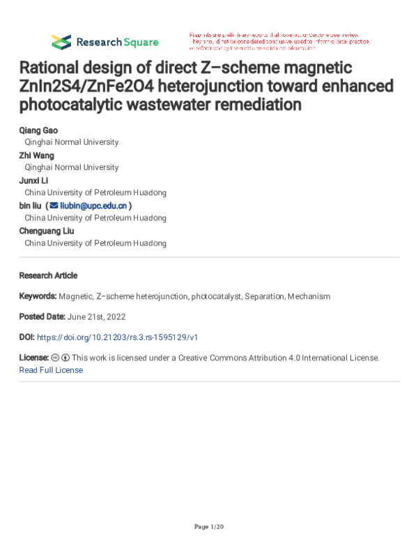 (PDF) Rational design of direct Z–scheme magnetic ZnIn2S4/ZnFe2O4 ...
