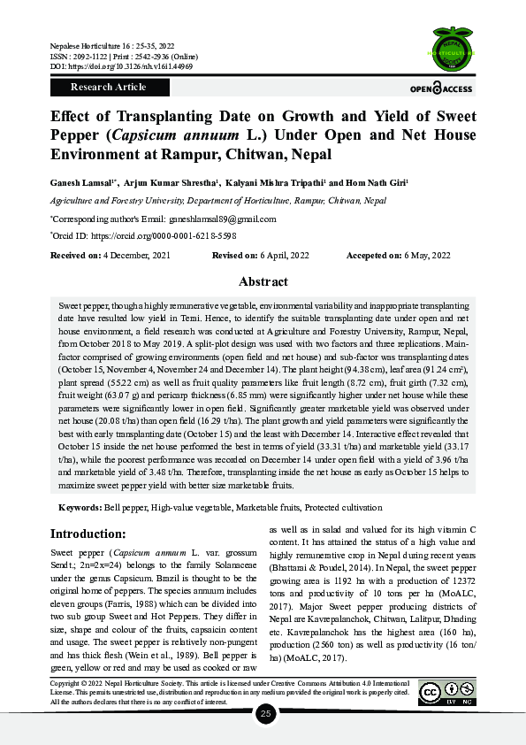 (PDF) Effect of Transplanting Date on Growth and Yield of Sweet Pepper ...