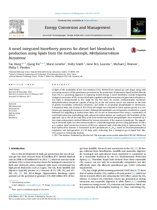 (PDF) A novel integrated biorefinery process for diesel fuel blendstock ...