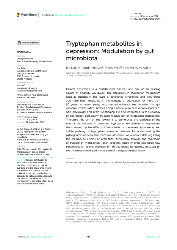 (PDF) Tryptophan metabolites in depression: Modulation by gut microbiota