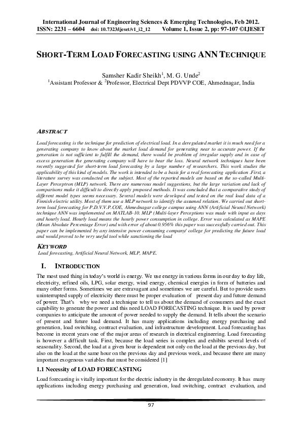 (PDF) Short-Term Load Forecasting Using Ann Technique