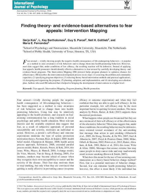 Finding theory‐ and evidence‐based alternatives to fear appeals: Intervention Mapping