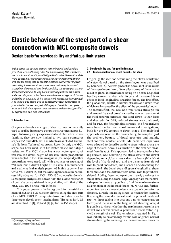 (PDF) Elastic behaviour of the steel part of a shear connection with ...