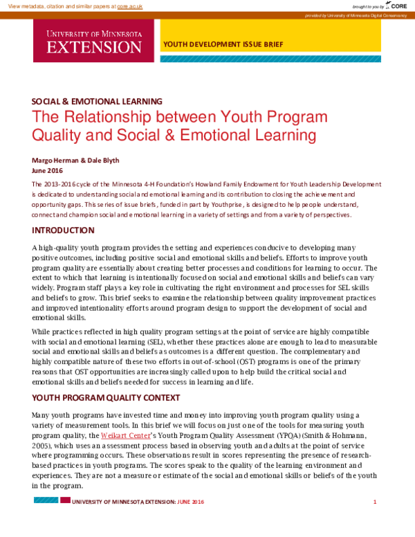 (PDF) The Relationship between Youth Program Quality and Social ...