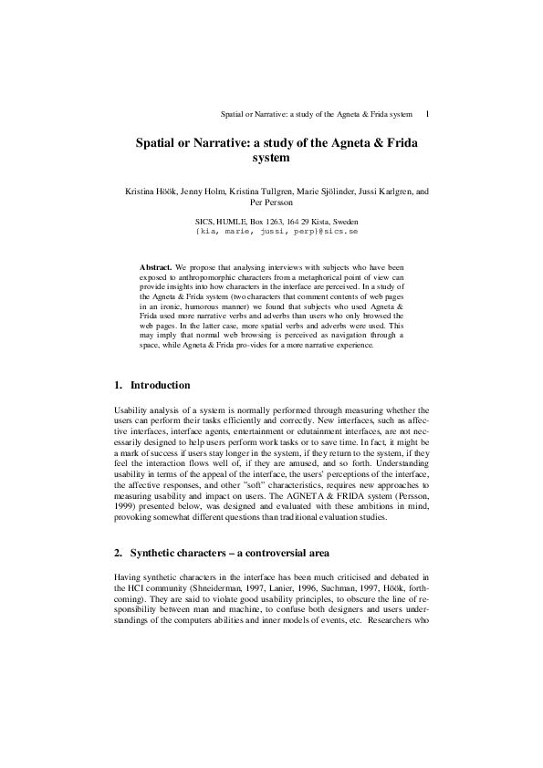 (PDF) Spatial or Narrative: A study of the Agneta & Frida system
