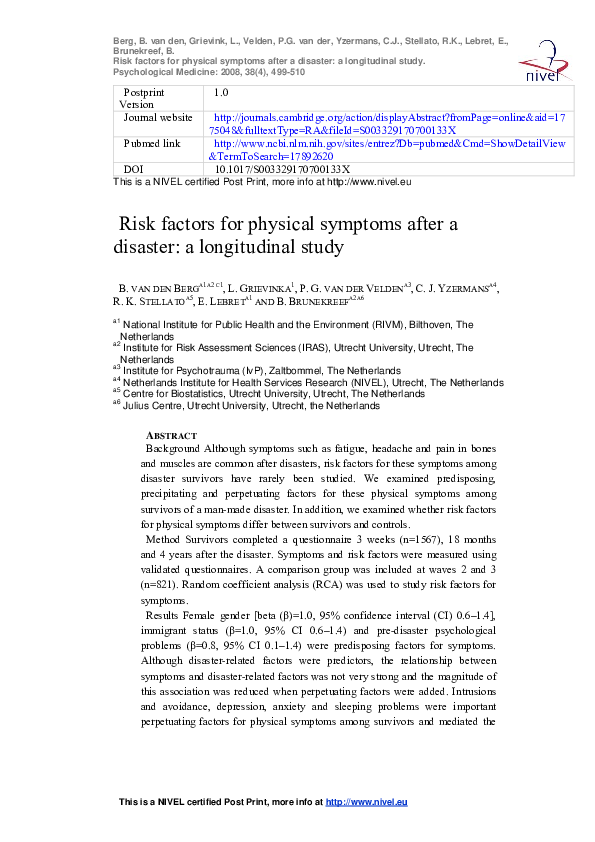 (PDF) Risk factors for physical symptoms after a disaster: a ...