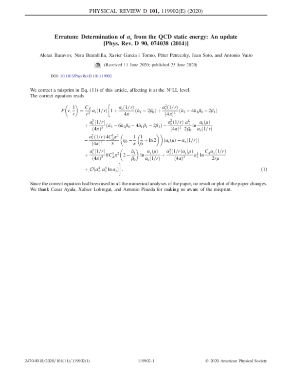 (PDF) Erratum: Determination of αs from the QCD static energy: An ...