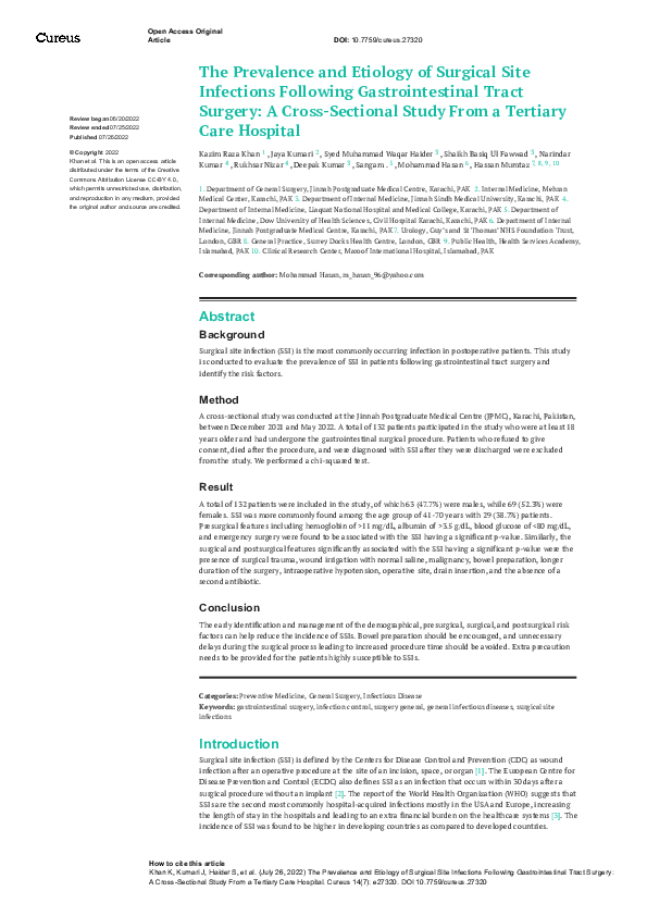(PDF) The Prevalence and Etiology of Surgical Site Infections Following ...