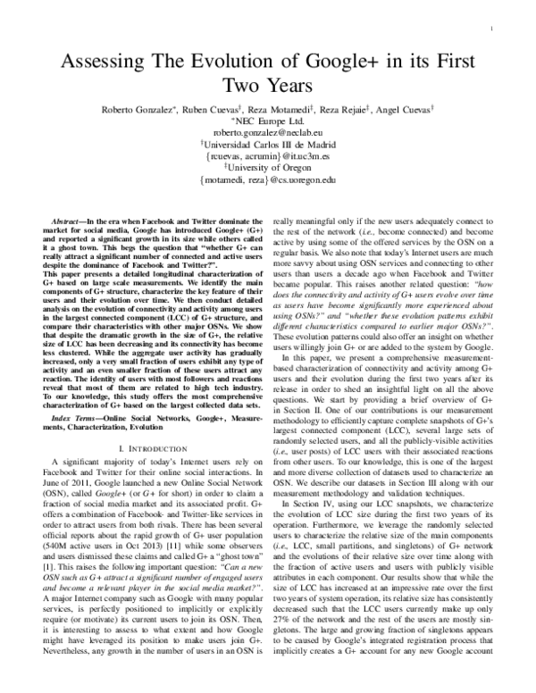 (PDF) Assessing the Evolution of Google+ in Its First Two Years
