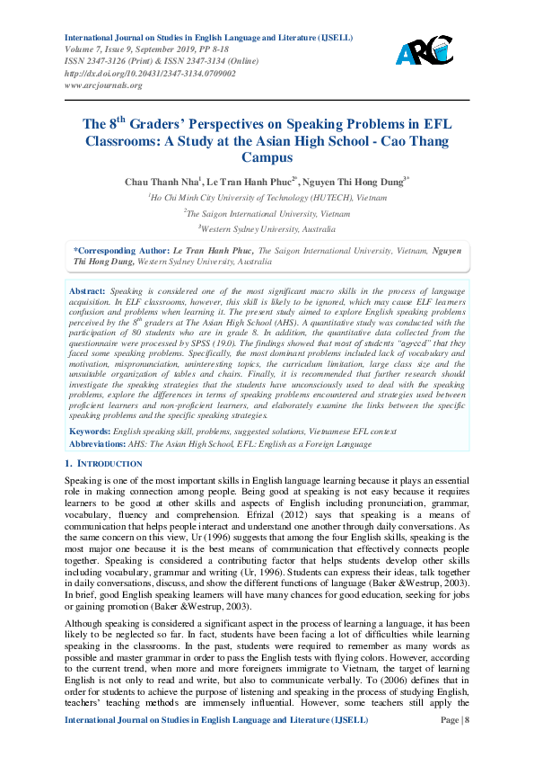 (PDF) The 8th Graders’ Perspectives on Speaking Problems in EFL ...