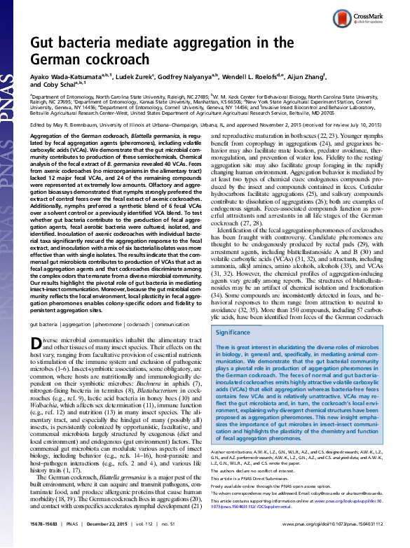 (PDF) Gut bacteria mediate aggregation in the German cockroach