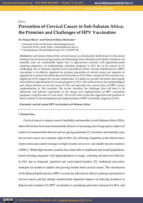 (PDF) Prevention of Cervical Cancer in Sub-Saharan Africa: the Promises ...