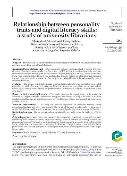 (PDF) Relationship between personality traits and digital literacy ...