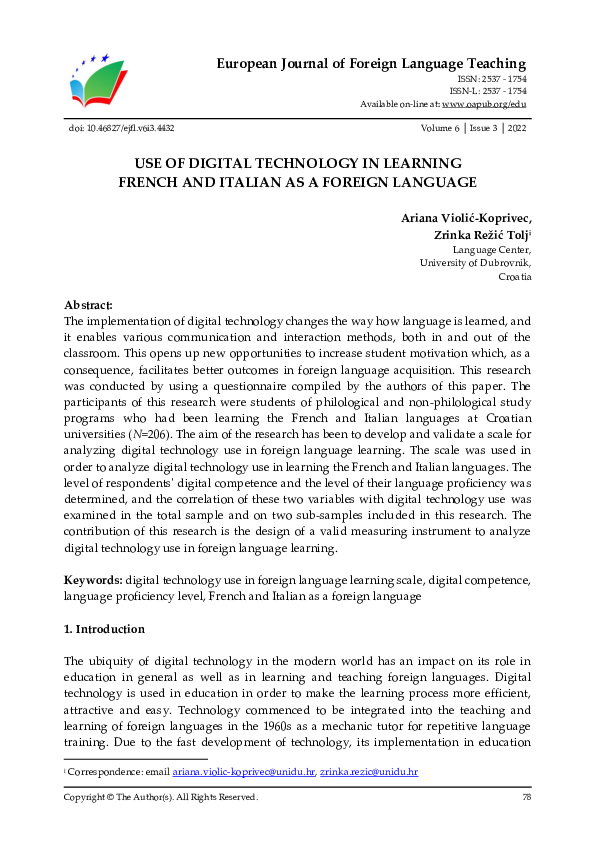 (PDF) Use of Digital Technology in Learning French and Italian as a ...