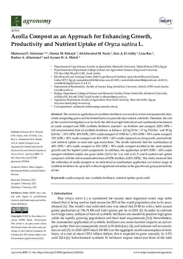 (PDF) Azolla Compost as an Approach for Enhancing Growth, Productivity ...